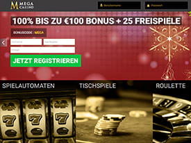 Vorschau Mega Casino Homepage und Bonus